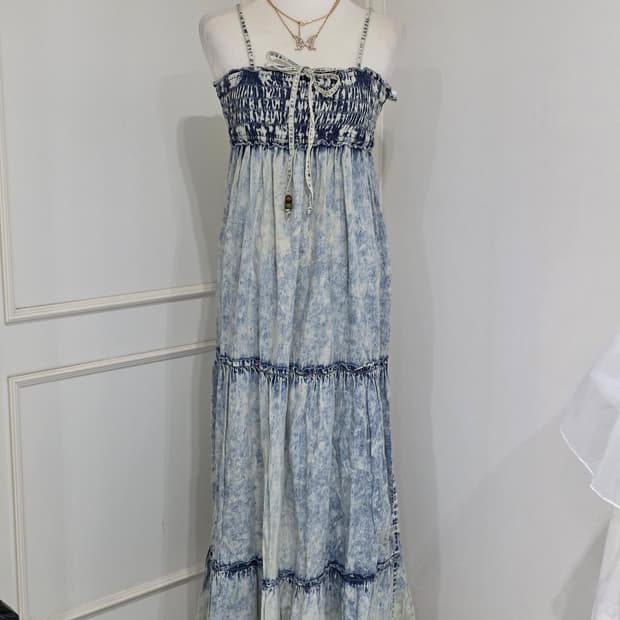 일본빈티지)워싱 청데님st 하구미모리걸 로맨틱 패치워크 아일렛 끈원피스