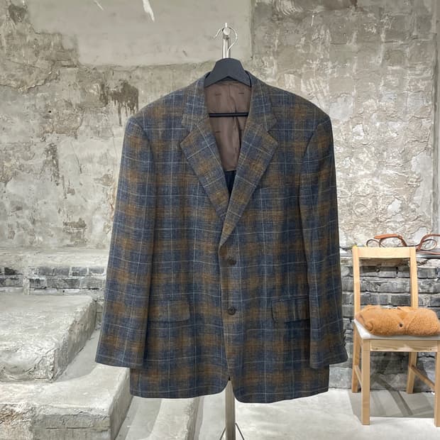 이브 생로랑 뿌르 옴므 체크 실크 린넨 2B 블레이저