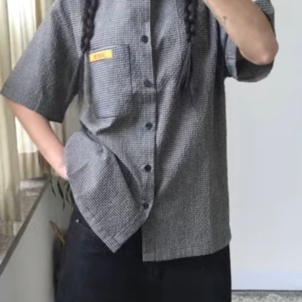 캑터스도넛마켓 미니 라벨 체크 하프 셔츠
