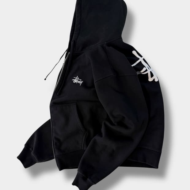 스투시 오버사이즈 빅스탁 로고 블랙 스웻 후드집업