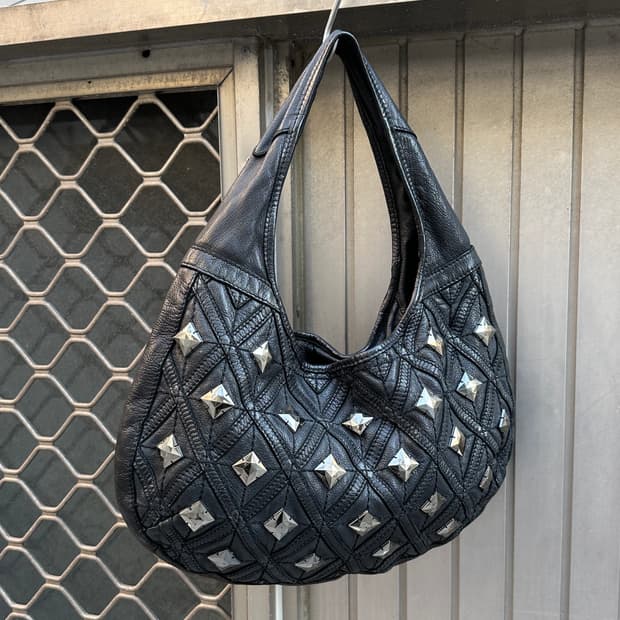 Stud sheepskin leather hobo bag