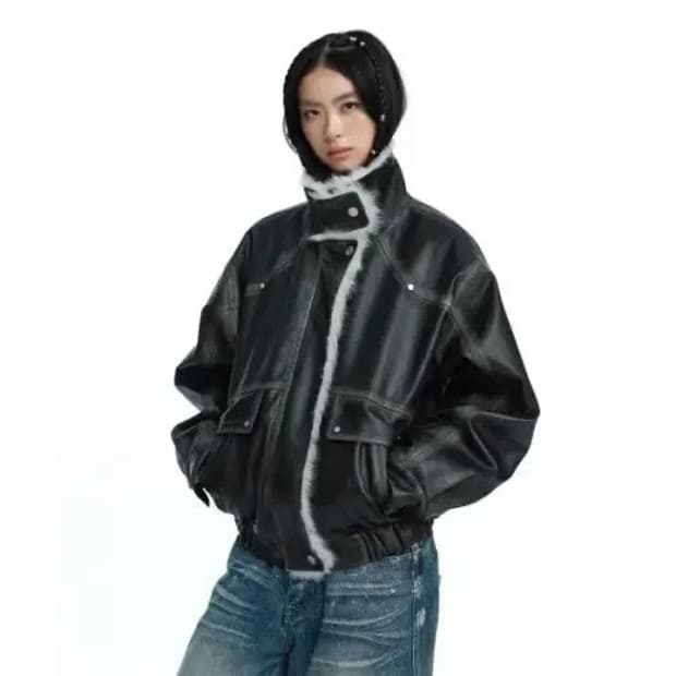 러프넥 워싱 레더 무스탕 자켓 그레이