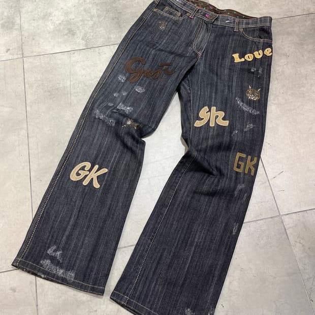 일본 빈티지 모리걸 고양이 레터링 패치 와이드 데님 팬츠 