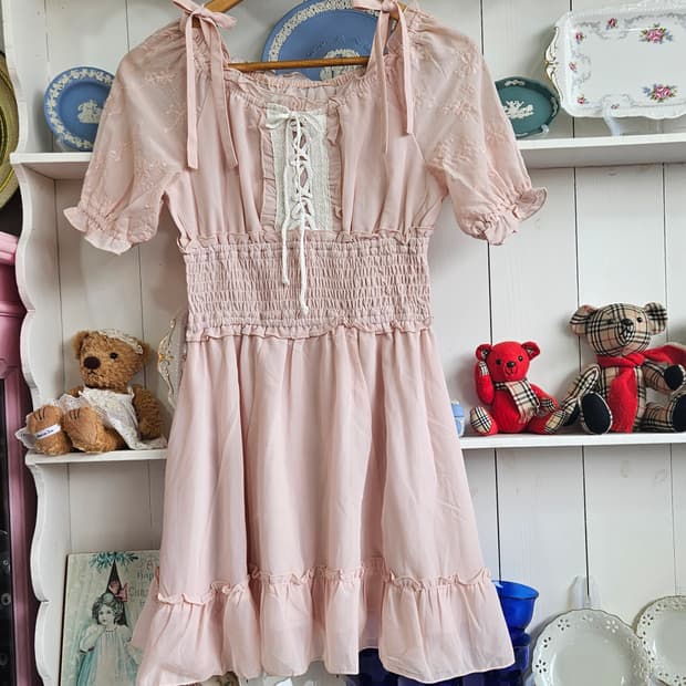 리본숄더 스모크 핑크 원피스