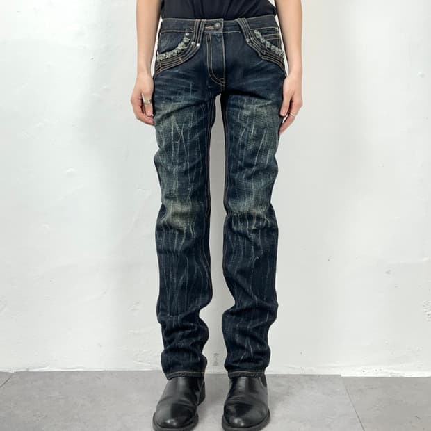 Distressed Stud Detail Dark Indigo Denim