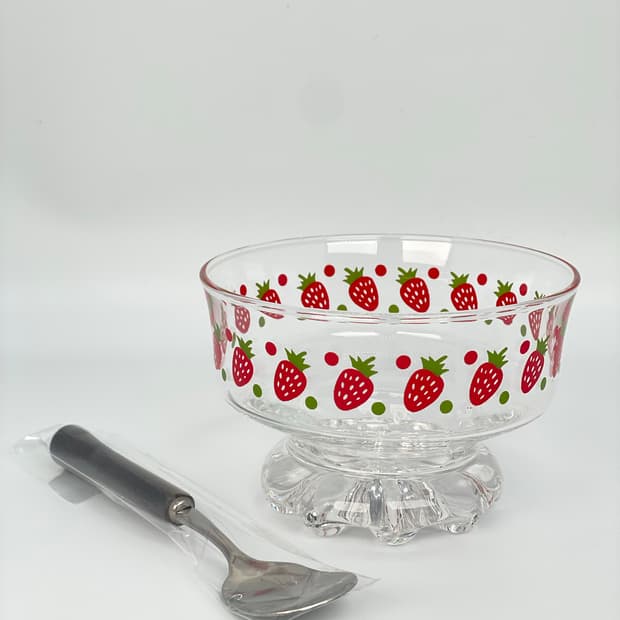 빈티지 딸기 도트 프린팅 유리 아이스크림볼 커틀러리 세트
