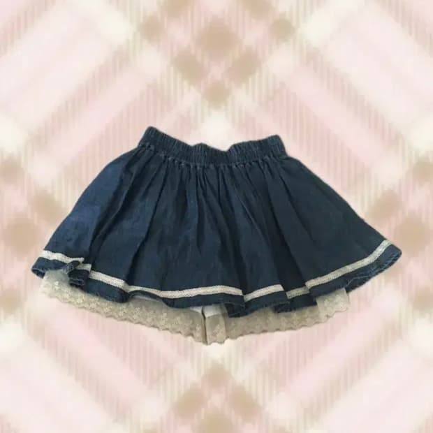 청 데님 레이스 큐롯 스커트 라떼 히메 갸루 러블리 로걀 빈티지 모리