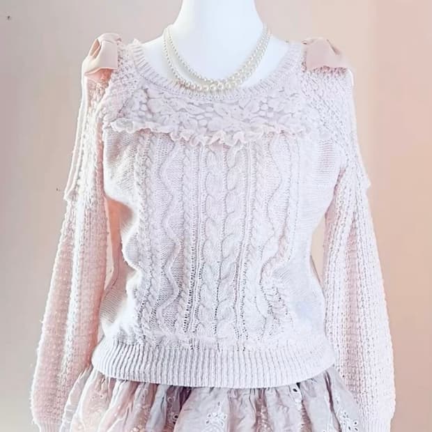 리즈리사 마이멜로디 레이스 리본 오프숄더 니트 히메갸루 라떼 리즈멜로