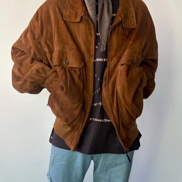 버버리 90‘s 스웨이드 레더 하이넥 블루종