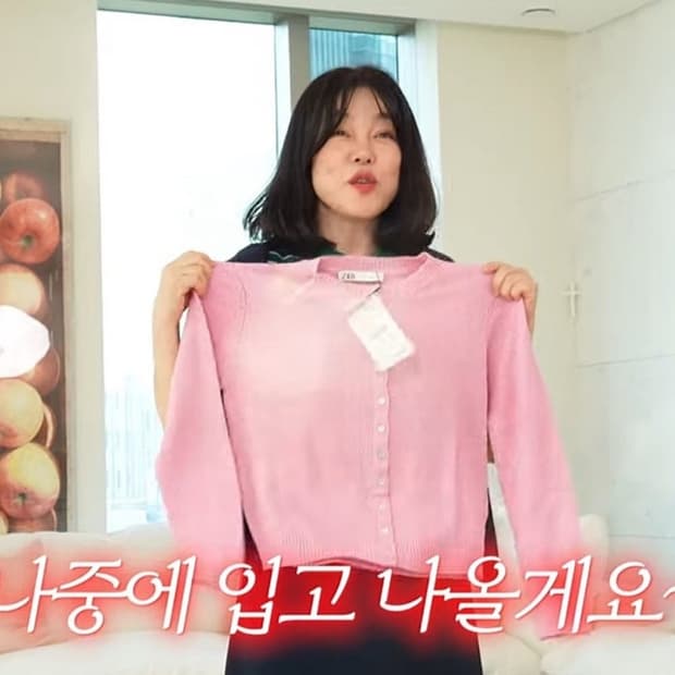 최화정 자라 플레인 쿨톤 핑크 가디건