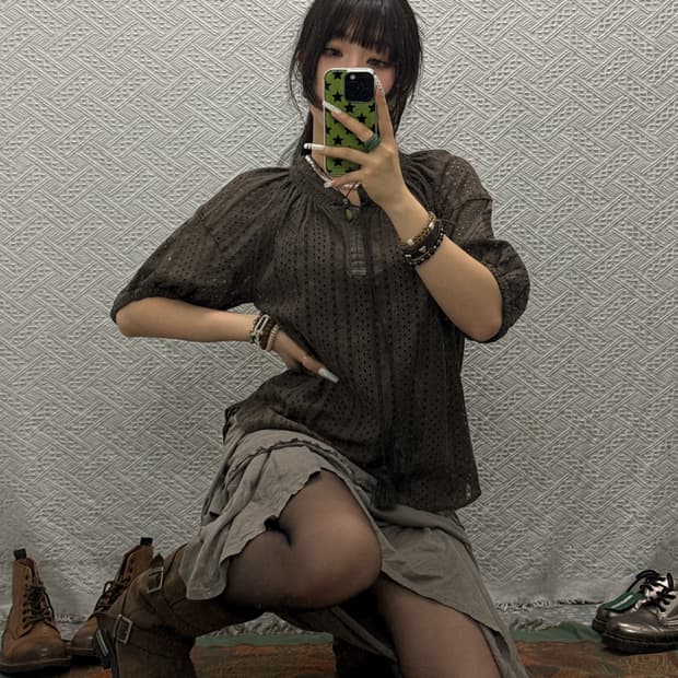 빈티지 오리엔탈 코지 모리 펀칭 태슬 퍼프 반팔 블라우스 K0121