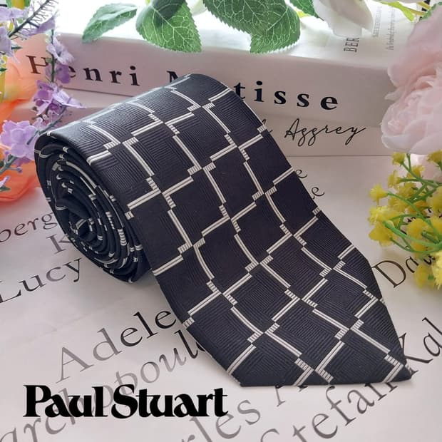 폴 스튜어트 실크 블랙 격자 패턴 넥타이 8.6cm A+등급 K1306
