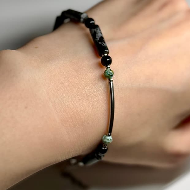 (핸드메이드) 천연석 오닉스 앤 터키석 유니크 체인 원석팔찌