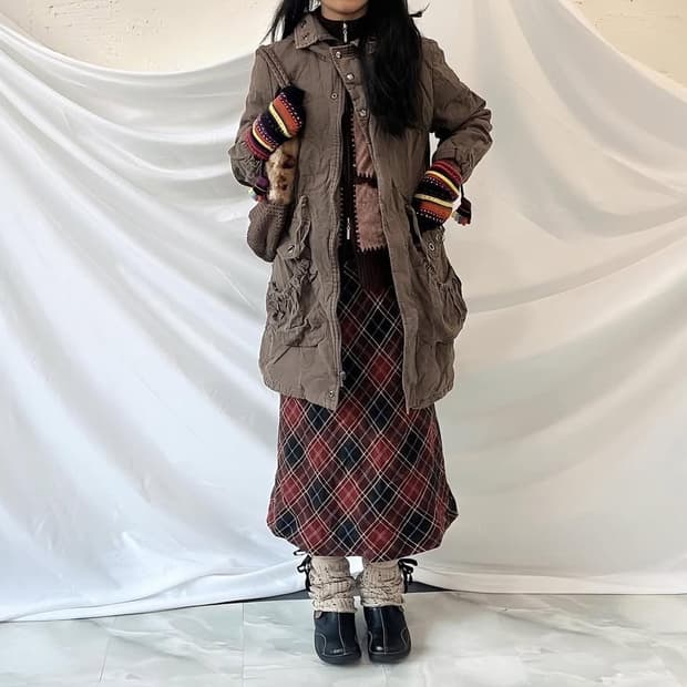 니트 집업, 야상점퍼, 체크스커트