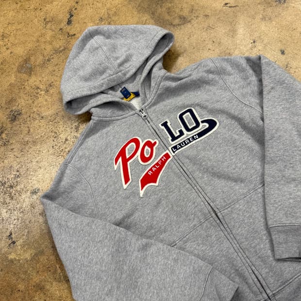 폴로 랄프로렌 그레이 하프 레드 블루 로고 후드집업 