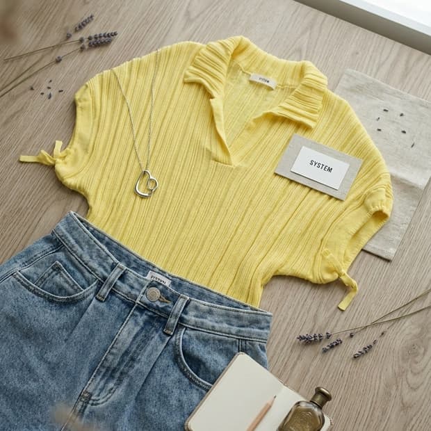 시스템(SYSTEM)**의 드로스트링 리브 니트 탑