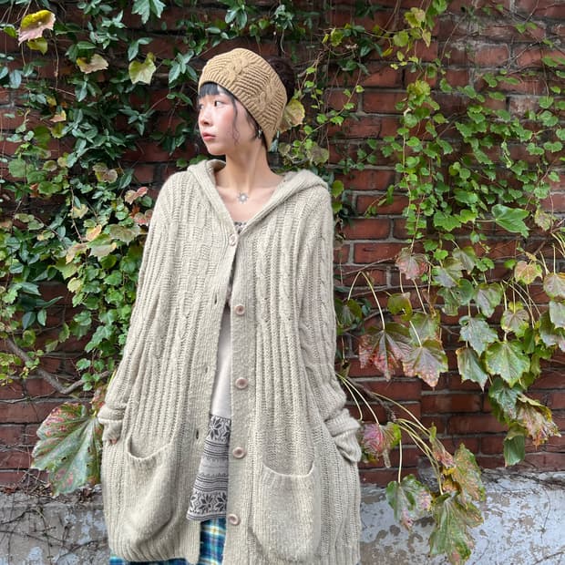 오트밀 데일리무드 니트 후드 가디건