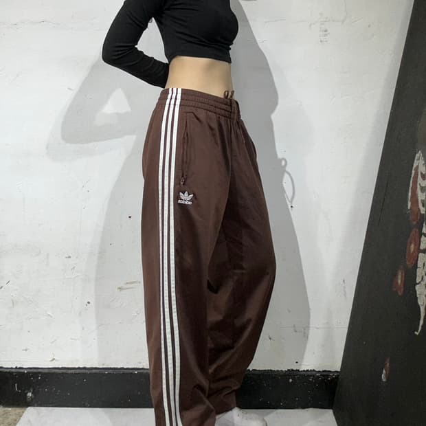 아디다스 초코 브라운 화이트 삼선 와이드 추리닝 바지 트레이닝 팬츠 L