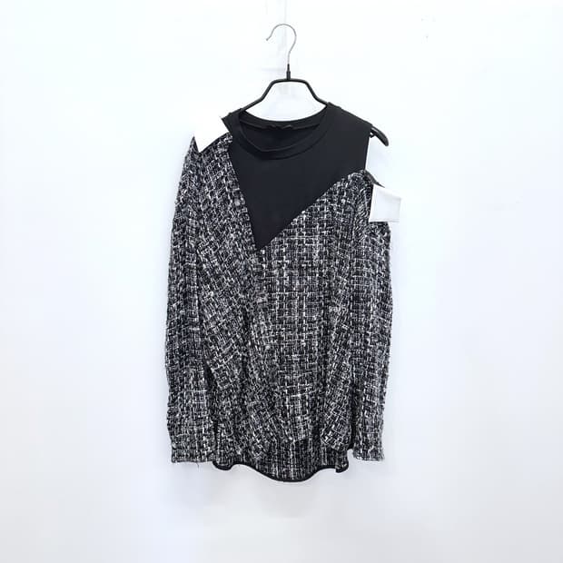 마쥬 트위드 오프숄더 블라우스