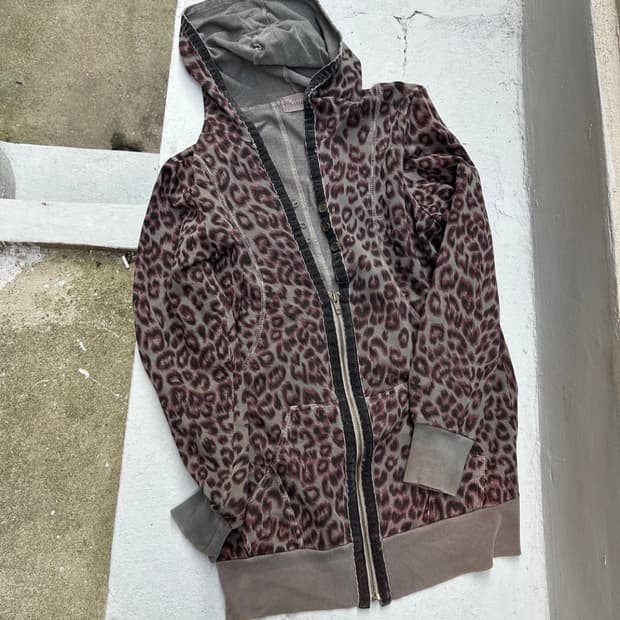 00s 빈티지 레오파드 갸루 단추 후드집업
