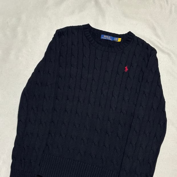 S 폴로랄프로렌 화이트 포니 여성용 네이비 케이블 니트