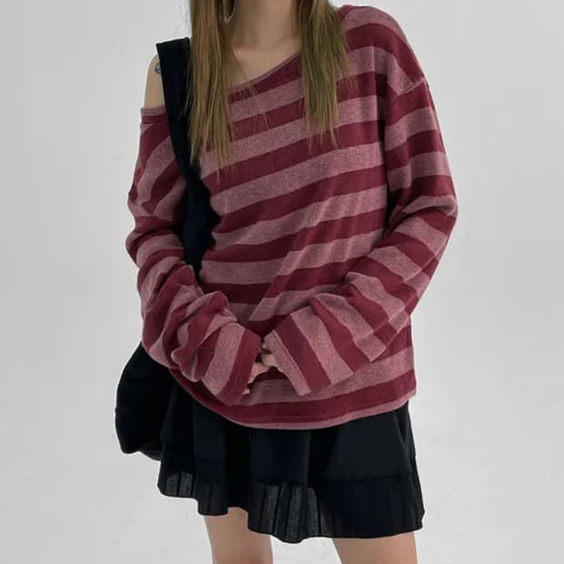 단종템) 블랙업 워벗 스트라이프 보트넥 긴팔티 버건디