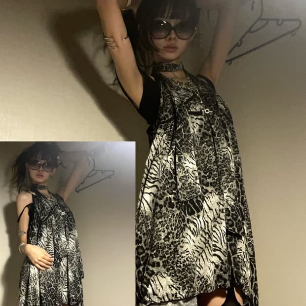 언밸런스 레오파드 슬립 원피스 스카프 set