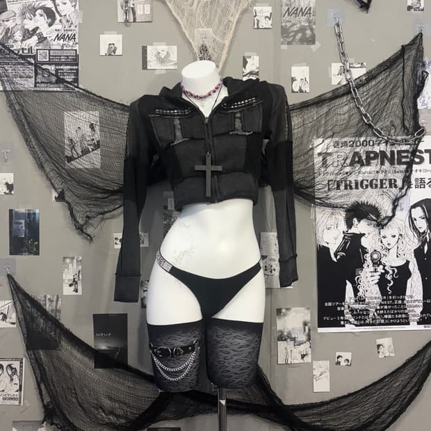 Gothic Stud Distressed Crop Hoodie zip 