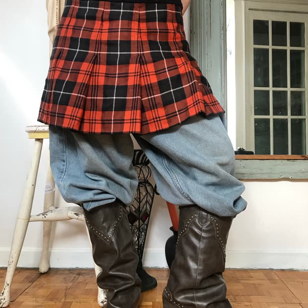 vintage check pleats one-piece