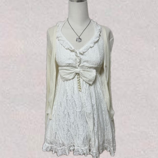 트랄라라 화이트 진주 리본 홀터 원피스 라떼 히메 갸루 러블리 리즈리사