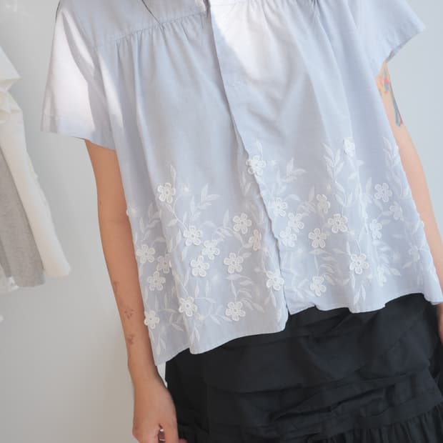 Flower embroidered stripe top