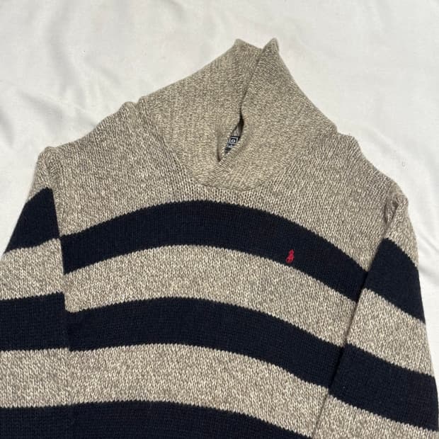 폴로랄프로렌 레드 포니 램스울 숄카라 스트라이프 니트