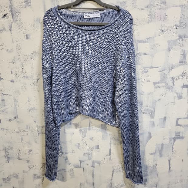 자라 블루 그물 크롭 니트 