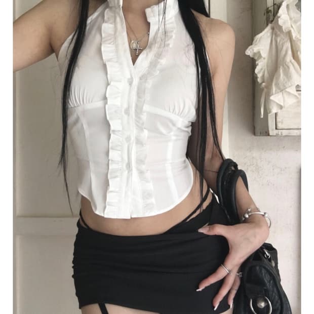엔젤넘버555 레이스 러플 셔츠