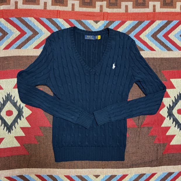 44) 폴로 랄프로렌 여성 케이블 꽈배기 브이넥 니트 네이비