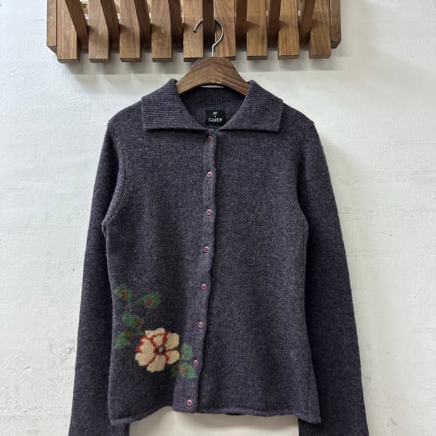 일본빈티지 울100% 플라워 포인트 카라 니트 가디건