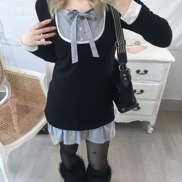 navy ribbon layered slim shirt one-piece