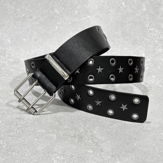 Oribell 별 스터드 아일렛 펀칭 레트로 가죽 벨트 블랙