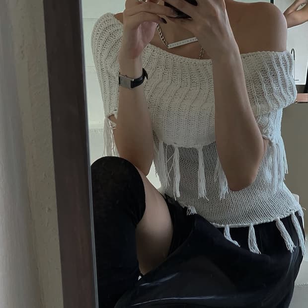 Treemingbird-Tassel Open Shoulder Knit
