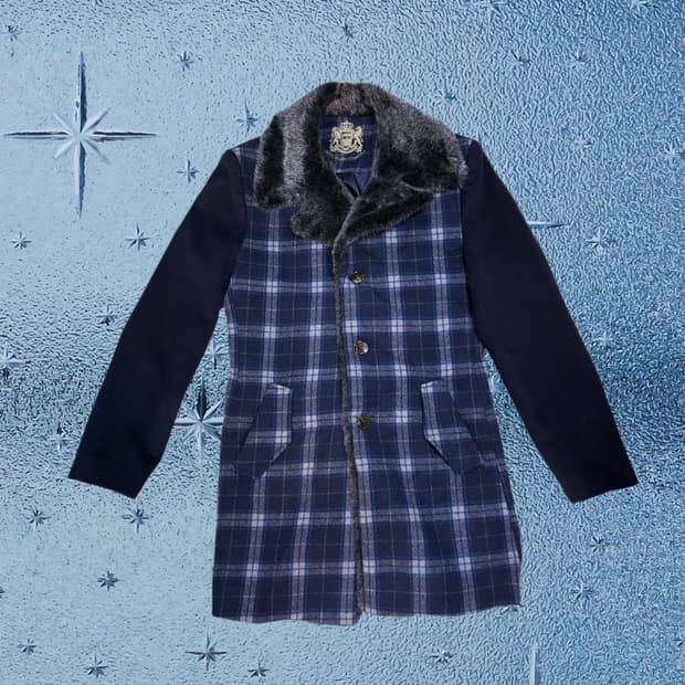 빈티지 네이비 체크 털 카라 코트