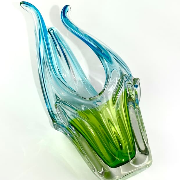 체코 빈티지 아트글라스 블루&그린 화병 오브제