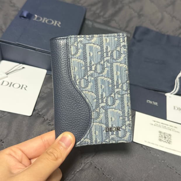 디올 오블리크 자카드 새들 오거나이저 카드지갑 블루