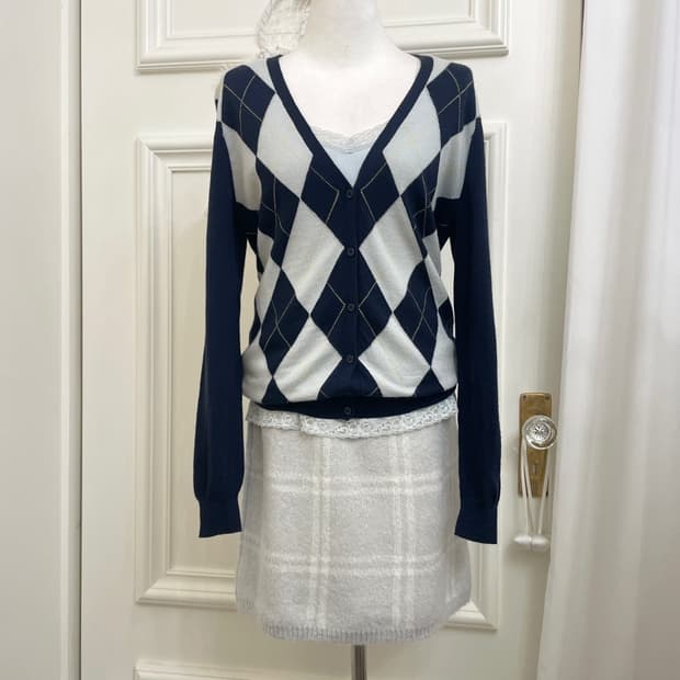 navy-sky blue argyle basic wool cardigan