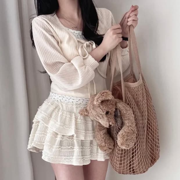 톡소다 골지 리본 발레코어 크롭 볼레로 가디건 크림