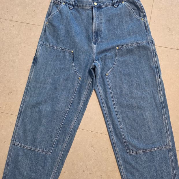 칼하트 WIP 내쉬 더블니 데님 팬츠 블루 스톤워시드 L사이즈 팔아요