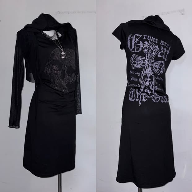 00s 고스펑크 해골&십자가 큐빅 롱 원피스