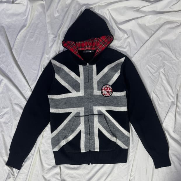 Blue cross 유니언잭 자수 패치 니트 후드집업