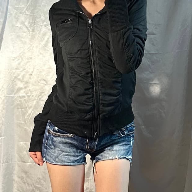 shirring hood zip-up