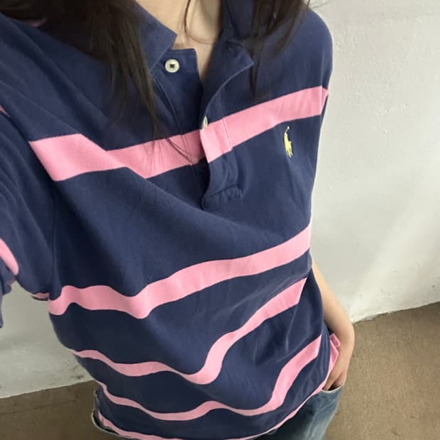(S) 폴로 랄프로렌 스트라이프 반팔 카라티 네이비 핑크