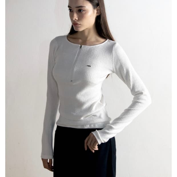 새상품/ 매고렌서울 화이트 립 하프 집 니트 긴팔 티셔츠
